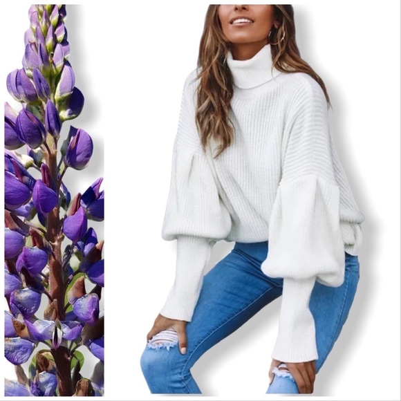 Sweaters - Chic White Knit Lantern Sleeve Turtleneck Sweater